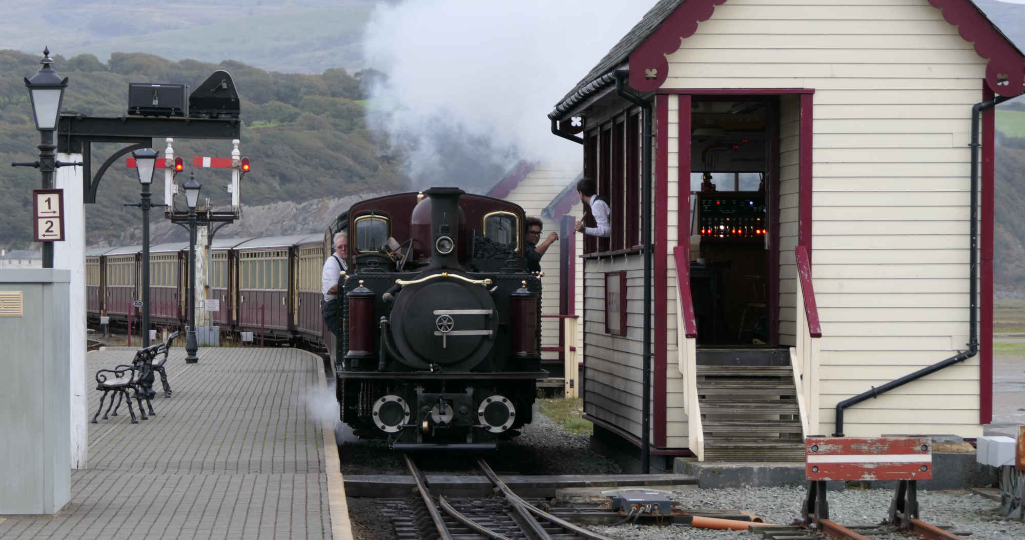 Steam train arriving at Porthmadog