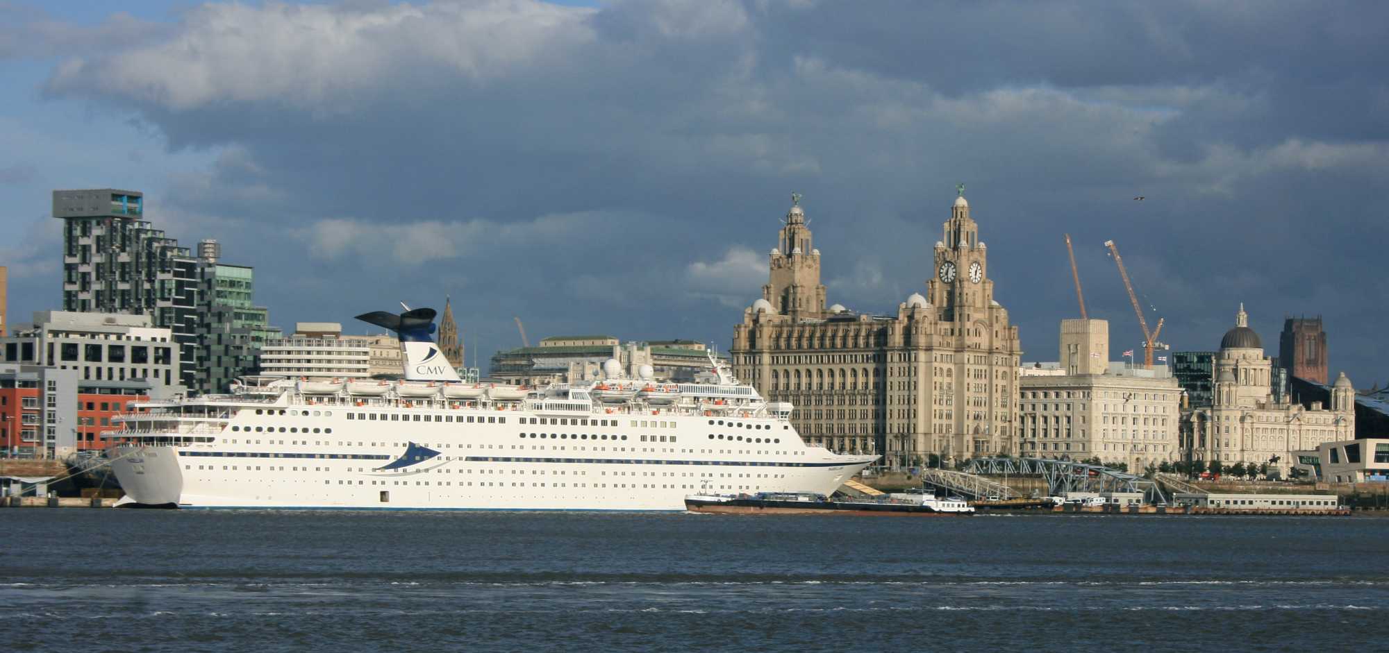 Cruise ship moored at the Pier Head Liverpool, in June 2021