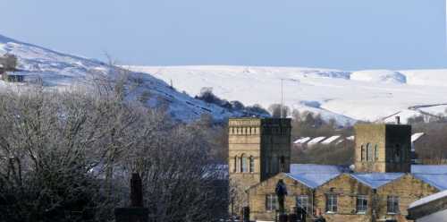 Towers of Brougham mill in the snow