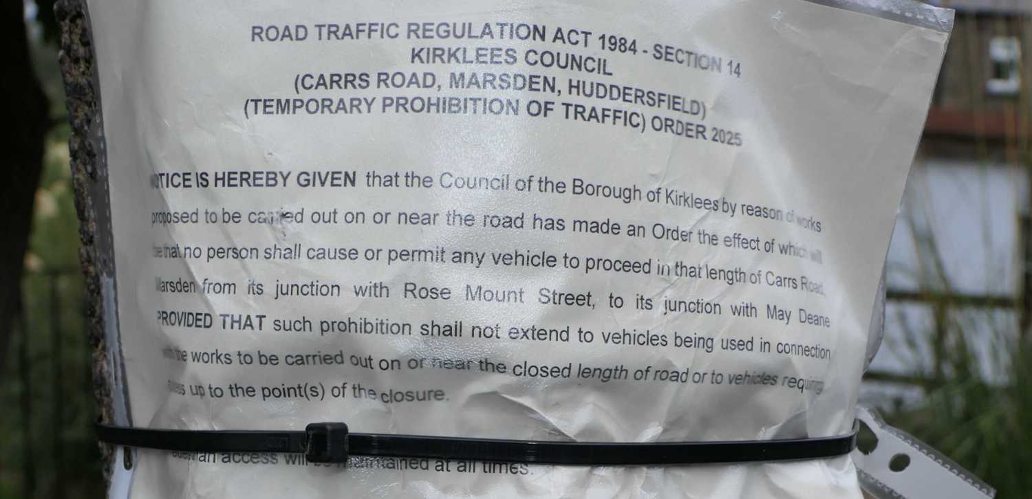 Council sign telling us that Carrs Road will be closed for road works.