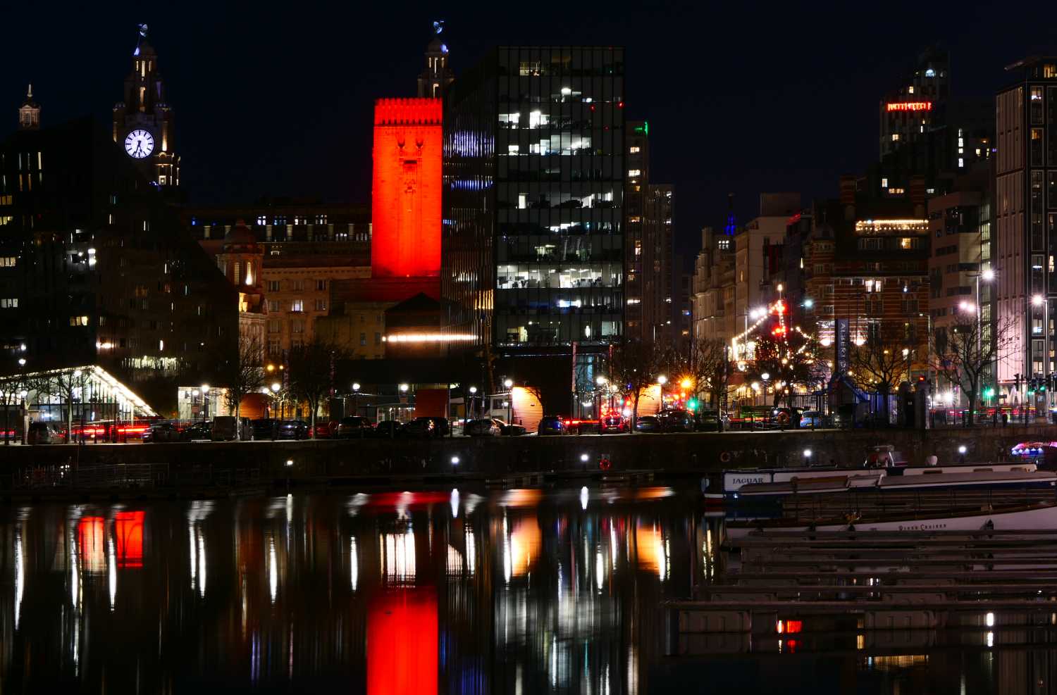 Telephoto view of various buildings at the Pier Head, across the Salthouse dock