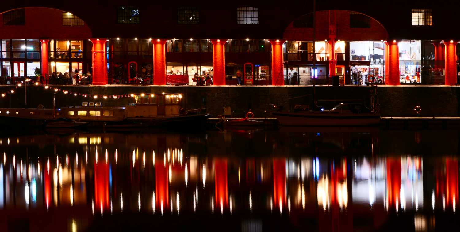 Corner of Albert Dock showing covered walk, two
