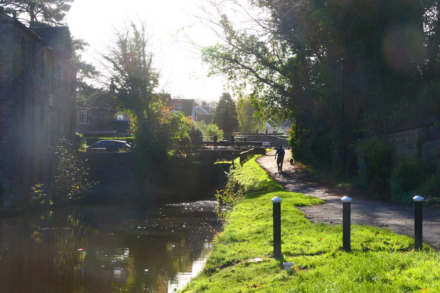 View of Marple Lock looking into the sun, Five