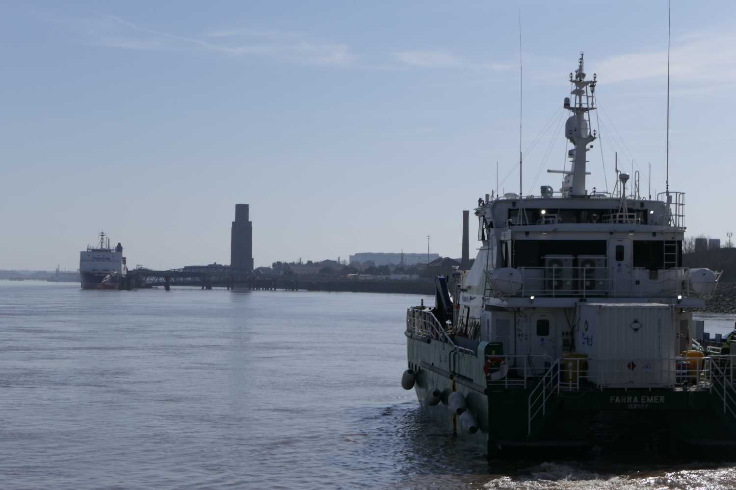Rear view of the offshore supply vessel the Farr Emer at the Seacombe landing stage