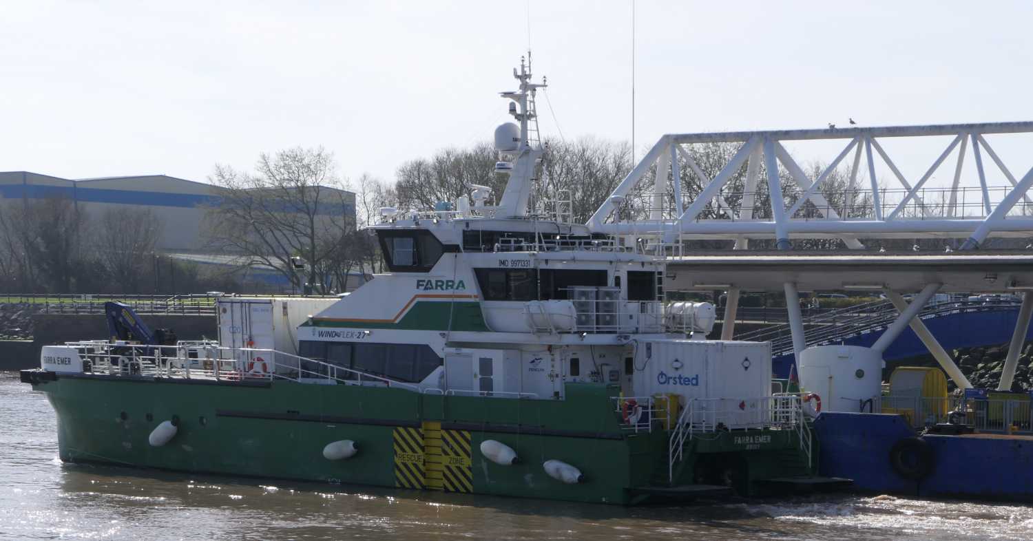 Side view of the offshore supply vessel the Farr Emer at the Seacombe landing stage