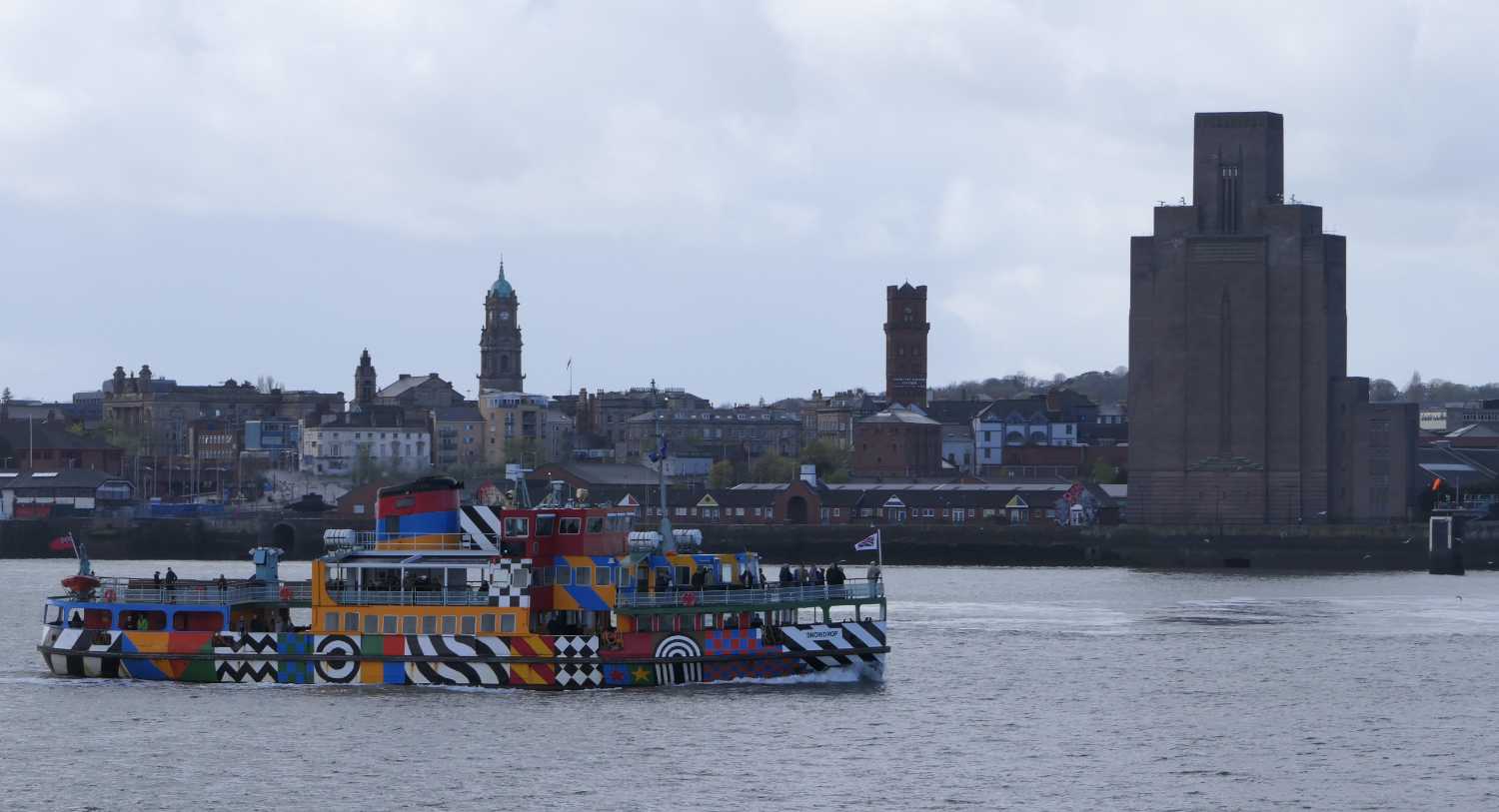 Mersey ferry the Snowdrop approaching a ventilation shaft for the old Mersey Tunnel