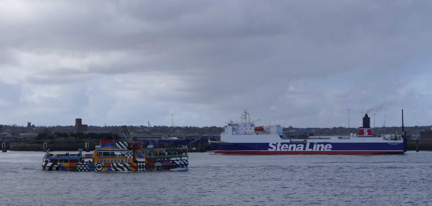 Snowdrop approaching an arriving Stenna Line ship