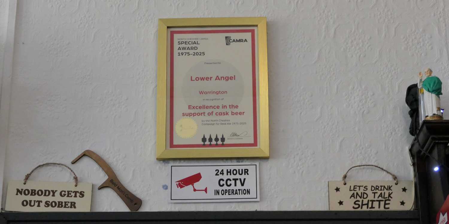 Camra 50 years of excellence certificate at the Lower Angel pub